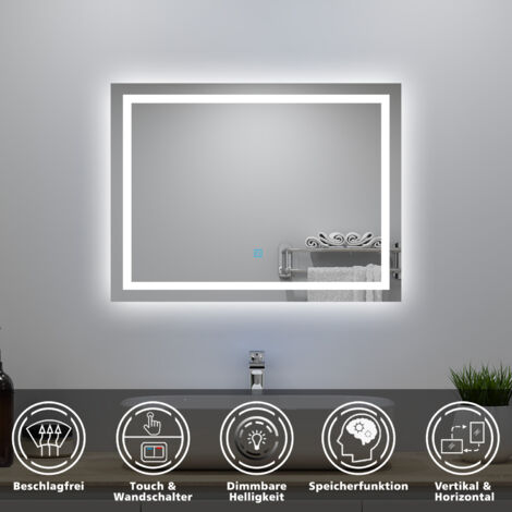 LED Badspiegel mit Kaltweiß Badezimmerspiegel 80x60 mit Beleuchtung Lichtspiegel Wandspiegel mit Touch-schalter beschlagfrei IP44 energiesparend (1/5)