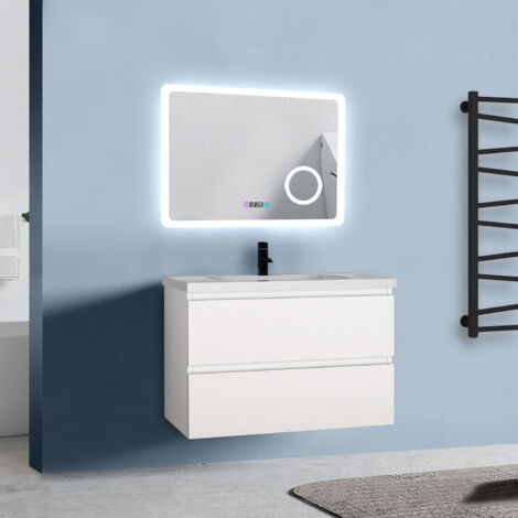 Badezimmer Badmöbel-Set 80cm Unterschrank mit Weiß Mineralguss waschtisch 2 Schubladen Weiß Matt soft close Selbstmontierter (1/4)