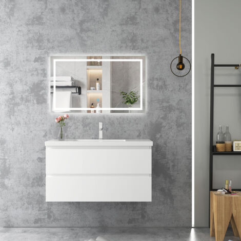 Badezimmer Badmöbel-Set 100cm Unterschrank mit keramik waschtisch 2 Schubladen Weiß Matt soft close Selbstmontierter (1/5)