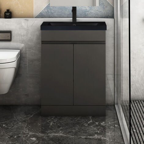 Badmöbel Set 60 cm Unterschrank mit Schwarz Mineralguss waschtisch Unterschrank mit Anthrazit (1/5)