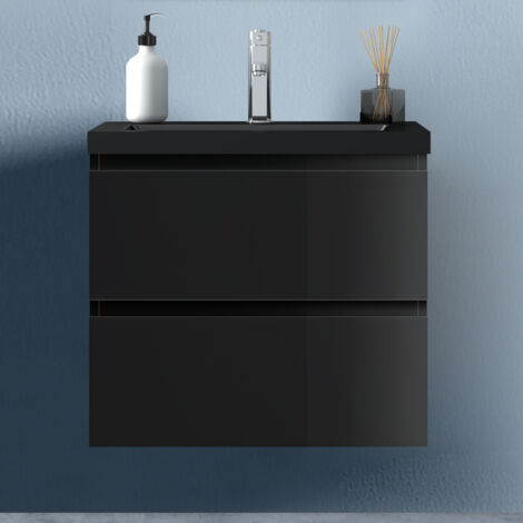Unterschrank soft close 2 Schubladen 60cm Badezimmermöbel Set Schwarz Hochglanz Selbstmontierter Unterschrank Schwarz Mineralguss waschtisch (1/5)