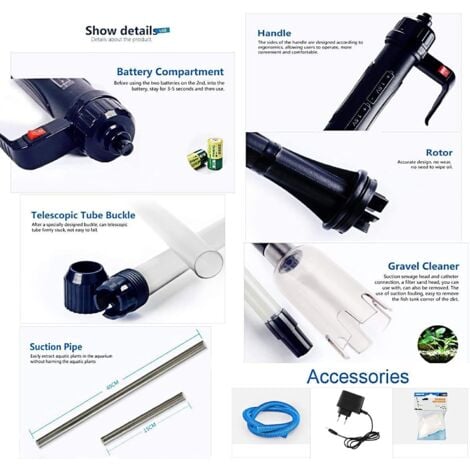 Nettoyeur Gravier Aquarium Pompe à siphon électrique réglable Aquarium Changement d'eau Pompe de gravier SIPHON Pipe filtre à eau Pompe Aquarium Outil de nettoyage ,utilisé pour les changements d'eau 