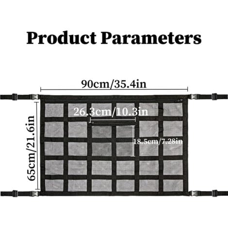 Filet rangement pour toit ,ciel de toit voiture  sac, universel maille sac pour toit de voiture intérieur filet Élastique,convient aux voitures, camionnettes et caravanes, noir (90  65cm)