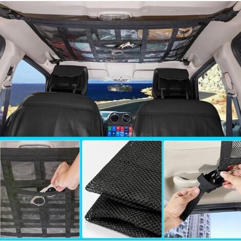 Filet rangement pour toit ,ciel de toit voiture  sac, universel maille sac pour toit de voiture intérieur filet Élastique,convient aux voitures, camionnettes et caravanes, noir (90  65cm)