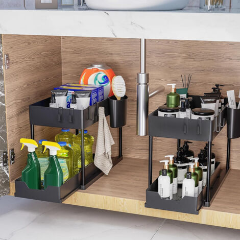 Lot de 2 Rangement sous Évier - Organisateur sous Evier Tiroir Coulissant à Extraction - Rangement cuisine De Cuisine - Panier de Rangement Multifonction Pour Salle de Bain - Noir