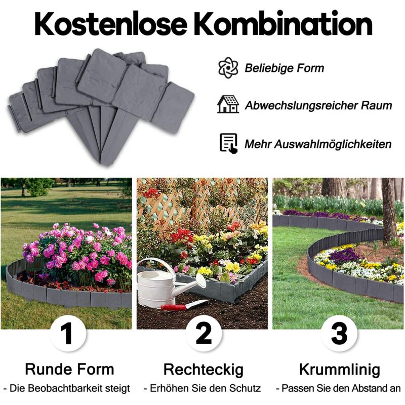 Bordo per prato, 10 m, altezza 10 cm, bordo flessibile da giardino, in plastica, con 50 paletti, per giardini e prati, aiuole, sentieri, bordi di ghiaia, facile da tagliare, grigio