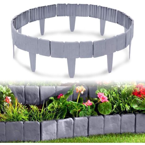 Bordo Per Giardino Effetto Pietra 20 Pezzi - Recinzione Aiuole 5m, Plastica Resistente, Grigio