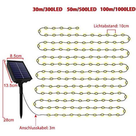 Catena Luci Solari Da Esterno 30m 300 LED Multicolore Con 8 Modalità E Telecomando IP65