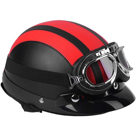 Ej.Life 54 – 60 cm Motorradhelm, offener Helm aus Leder und weichem Innenfutter, mit -beständiger Brille, Rot.