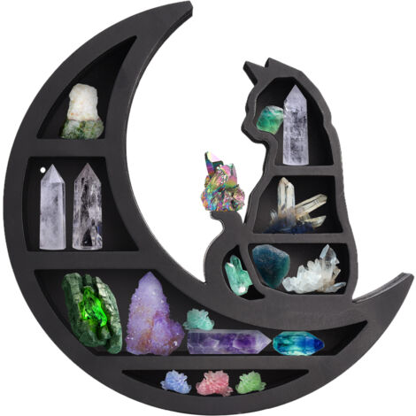 Ej.Life Katze auf Dem Mond, Holzregal für Kristalle, Wandregal, Mondregal, Schwarzes Katzendesign, für Gotische Hexenzimmerdekoration, für Wohnzimmer, Esszimmer (1)