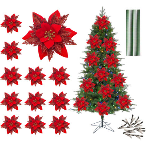 Ej.Life (12 Blumen + 12 Stangen + 12 Clips pro Packung) Weihnachtsblumen Weihnachtsbaumdekoration Zubehör DIY Blumenarrangement Simulationsblume Beliebtes Kranzmaterial-Rot (1/5)