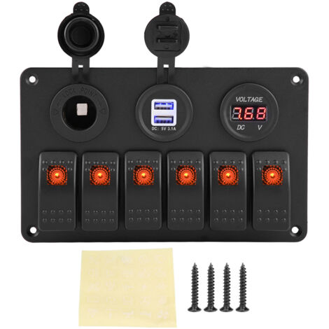 Keenso 6-Positionen-Ein/Aus-Schalter, 12V/24V, LED-Wippschalterpanel für Auto, Boot, Marine, Dual-USB, Voltmeter, Zigarettenanzünder (Orange).