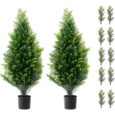 Mophorn 36 Zoll künstlicher Formschnittbaum aus Zeder, 2 Stück. Künstlicher immergrüner Kiefern-Zypressenbaum mit zusätzlichen Blättern und Topf. UV-geschütztes Set aus künstlichem Grün für die