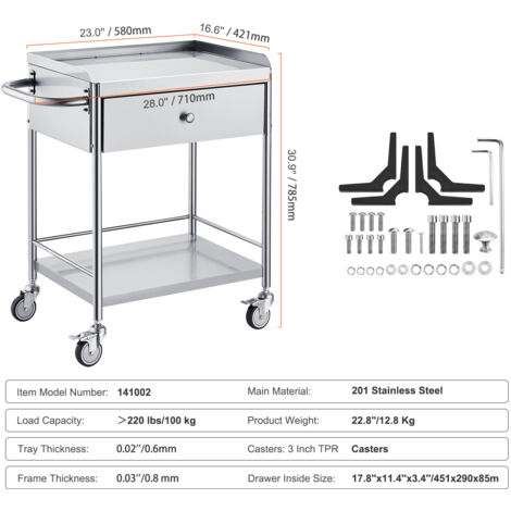 Mophorn Medical Cart 2 Schichten Edelstahl 220 lbs Kapazität Lab Utility Cart 360 ° Silent Räder Schublade für Labor Klinik Küche Salon