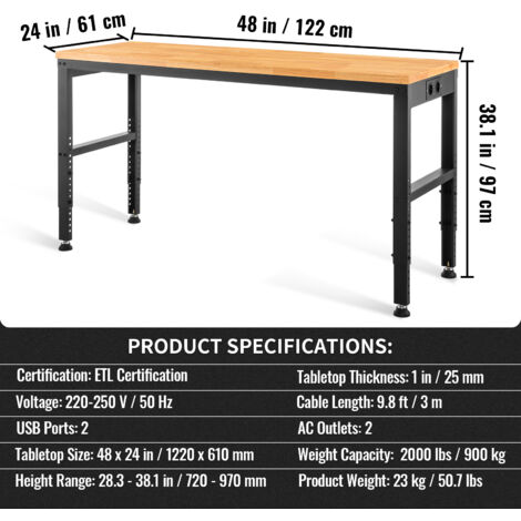 Mophorn Höhenverstellbare Werkbank 122cm B x 61cm T x 97cm H Garagentisch 900KG Belastbarkeit Steckdosen Hartholzplatte Metallrahmen Fußpads Büro Zuhause