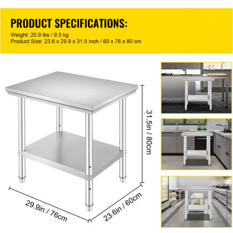 Mophorn Zubereitungstisch aus Edelstahl, 61 x 76,2 cm, 318 kg Tragkraft, robuster Arbeitstisch aus Metall, 3 höhenverstellbar, gewerbliche Arbeitsstation, Küche, Garage, Restaurant, Hinterhof