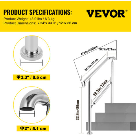 Mophorn Edelstahl Transitional Handlauf für ebene Oberfläche und 1-3 Stufen Verstellbare Treppe Geländer Indoor Outdoor, 220lb Kapazität mit Installations-Kit, Porch DIY