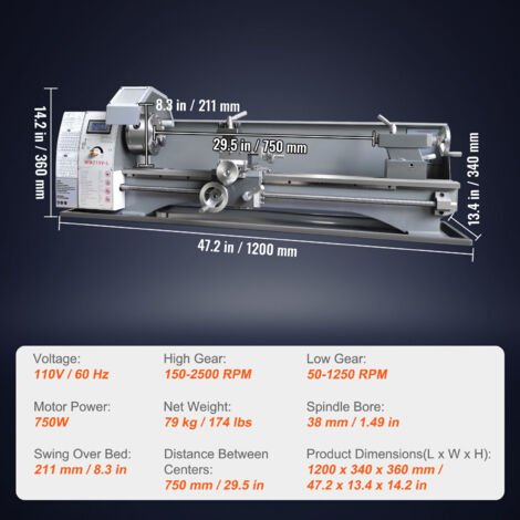 Mophorn Metalldrehmaschine, 8,3 x 29,5 Zoll, Präzisions-Tischdrehmaschine, 0–2500 U/min Geschwindigkeit, bürstenloser 750-W-Motor, Metallgetriebe, inkl. Werkzeugkasten für die Bearbeitung