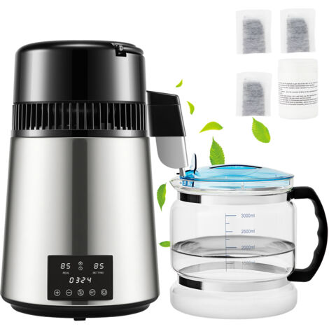 Mophorn 4-Liter-Wasserdestilliergerät, 1 l/h, 750 W Arbeitsplattenreiniger mit doppelter Temperaturanzeige, 0-99-h-Timer, Glaskaraffe, Reinigungspulver und Aktivkohlepackungen, FDA-geprüft