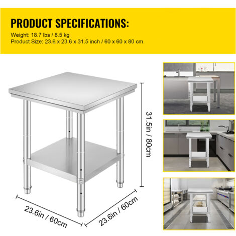 Mophorn-Zubereitungstisch aus Edelstahl, 61 x 61 x 78,7 cm, 311 kg Tragkraft, robuste Metallarbeitsstation, 3 einstellbare Höhen, für Küche, Garage und Restaurant