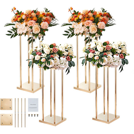 Mophorn Blumenständer für Hochzeiten, 4-teilig, goldfarbene Metallsäulen, 80 cm hoch, mit Metalllaminat, geometrische Vasen als Tafelaufsatz, zylindrisches Blumendisplayrega