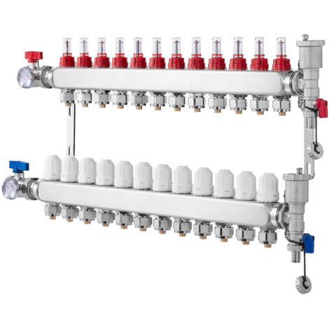 Mophorn 12-Zweig-Wärmeverteilungsverteiler, 1/2-Zoll-PEX-Rohrverteiler, Edelstahl-PEX-Verteiler für hydronische Fußbodenheizung, PEX-Verteilersatz mit 1/2-Zoll-Adaptern