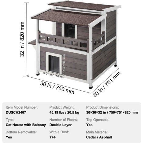 Mophorn Outdoor-Katzenhaus, wetterfest, Unterschlupf für Wildkatzen, großes 2-stöckiges Holzhaus mit Balkon, Türen, PVC-Türklappen und offenem Dach, 30"L x 30"B x 32"H für mehrere Katzen