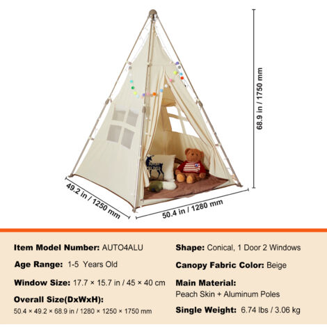 Mophorn Spielzelt fr Kinder, Tipi-Zelt fr 15 Jahre, faltbares  Kleinkinderzelt mit Matte, Tragetasche, Fenstern, fr den Innen- und  Auenbereich, Beige, Zelt fr Jungen und Mdchen