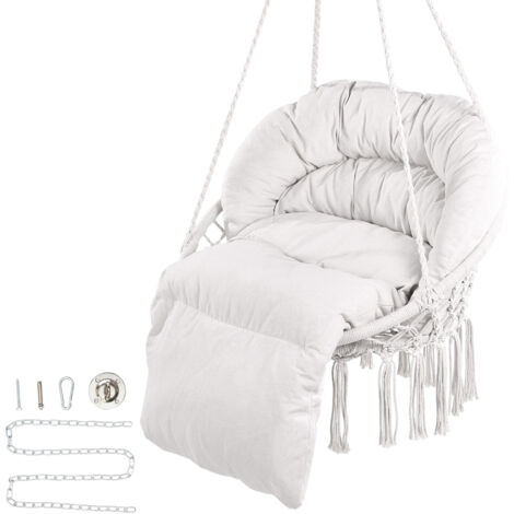 Mophorn Hängesessel – Beige, 150 kg Tragkraft für ultimative Entspannung. Dieser Makramee-Sessel von Mophorn besteht aus Stahlrohren und Baumwollseilen. Mit Kissen und einfacher Installation.