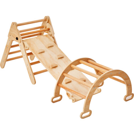 Mophorn 5-in-1 Pikler-Dreieck-Set, Montessori-Spielzeug für Kleinkinder 1-3 Jahre, Holzspielplatz für drinnen mit Rampe, Bogen & Dreieck, Holzfarbe
