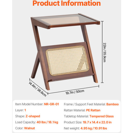 Mophorn Rattan-Couchtisch, Z-frmiger gewebter Bambus mit Platte aus  gehrtetem Glas, 20 Zoll moderner Boho-Aufbewahrungstisch, Beine aus  natrlichem Bambus fr Wohnzimmer