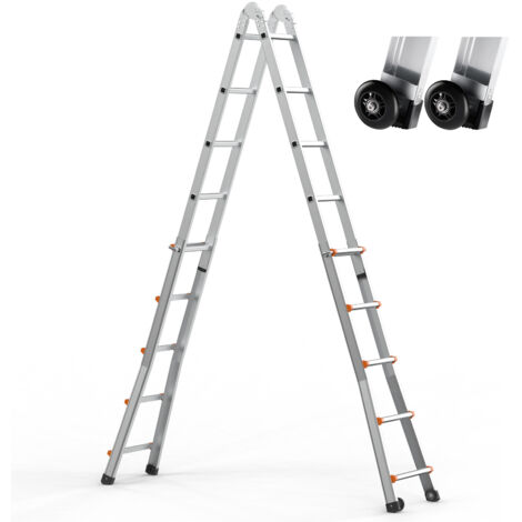 Mophorn 16,7 ft Teleskopleiter mit A-Rahmen, kompakte Ausziehleiter aus Aluminium, multifunktionale zusammenklappbare Wohnmobilleiter für Zuhause, Treppen, drinnen/draußen, 150 kg Tragkraft, silber