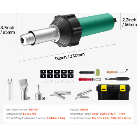 Heißluft-Kunststoffschweißgerät, 1600 W Heißluftpistole, 50–600 °C PVC TPO Vinyl Schweißbrenner, Hot Air Welder Set mit 17 Zubehörteilen – Werkzeugkasten, Düse, Rolle, Klingen für PP/PE/PVC | DE