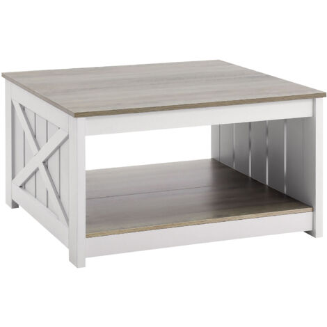 Mophorn 31,5" Farmhouse Couchtisch, quadratischer Cocktailtisch mit offenem Stauraum, rustikaler Wohnzimmertisch aus Holz, Schlafzimmer-, Apartment- und Studiomöbel, Grau und Weiß