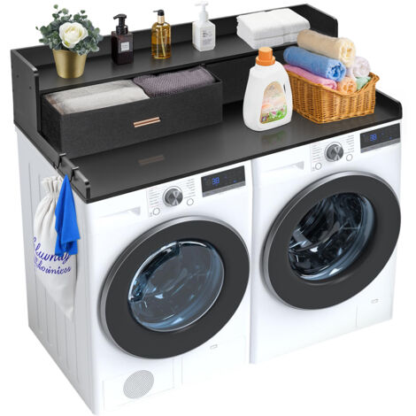 Mophorn Waschtrockner-Arbeitsplatte mit 2 Schubladen, 54 x 27 Zoll, schwarzes Holz, mit 2-stufigem Regal, Anti-Rutsch-Pads und wasserfester Wäscheauflage (1/5)