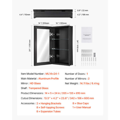 VANA NA Medizinschrank Mit Spiegel – 40,6x71,9 Cm, Schwarzer Aluminiumrahmen, 2 Verstellbare Glasregale, Fast Montiert
