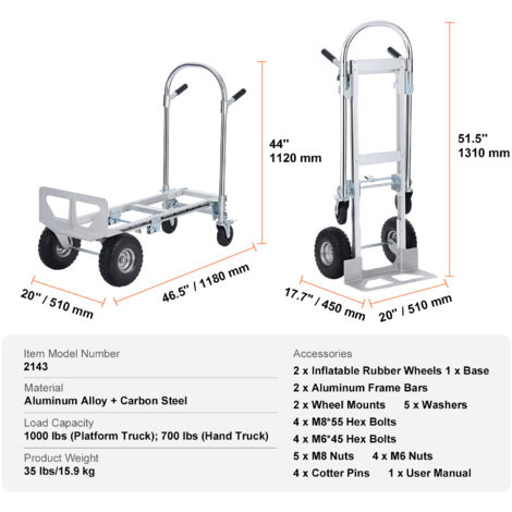 Produktbild von Aluminium-Handkarre Klappbar – 150 Kg Tragkraft, Umwandelbar In Sackkarre Oder Plattformwagen, Mit 4 Rädern, Garten & Lager