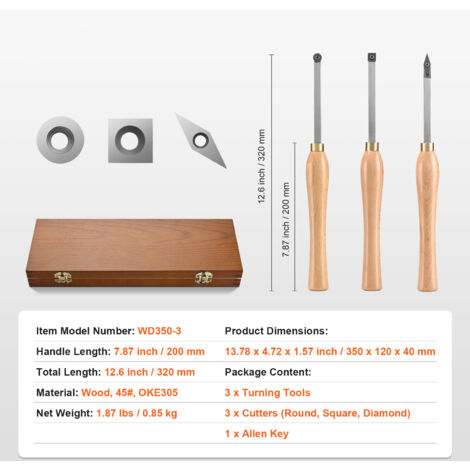 Produktbild von 3-teiliges HSS-Schalenrohr-Drechselmeißel-Set – 1/4, 3/8 & 1/2 Zoll – In Holzbox, Für Holzdrehmaschinen