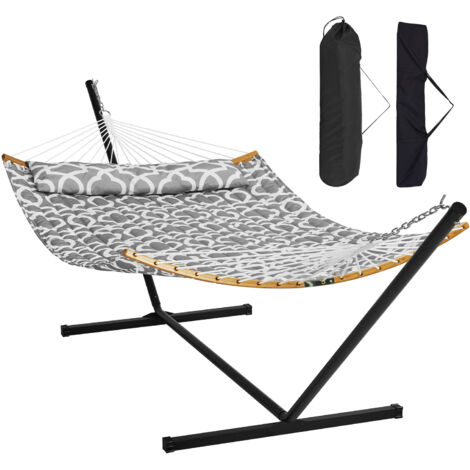 Mophorn Hängematte für zwei Personen mit Ständer, Tragkraft 227 kg, Doppelhängematte mit gebogenem Spreizstab, abnehmbares Kissen, tragbare Tragetasche, freistehende Outdoor-Hängematte