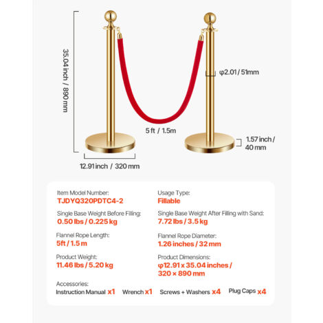 Edelstahl Absperrpfosten Mit Samtseilen – 4er Set, Goldene Säulen, Rote Samtseile (1,5m), Für Events & Theater