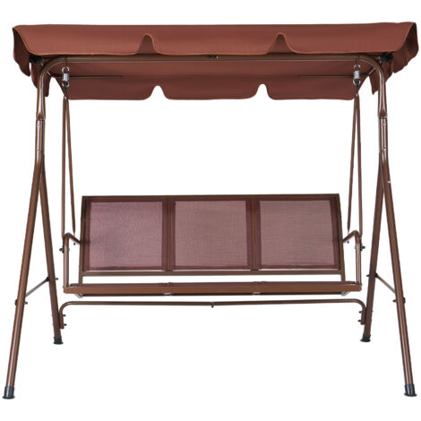 Mophorn 3-Sitzer-Terrassenschaukelstuhl, Outdoor-Schaukel mit verstellbarem Baldachin, Armlehnen, Teslin-Stoff und Rahmen aus legiertem Stahl, für Balkon, Hinterhof, Terrasse, Garten, Poolrand, Braun