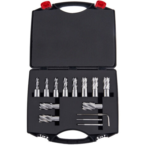 Mophorn Ringschneider-Set, 13-teiliges Weldon-Schaft-Magnetbohrer-Set, 1 Zoll Schnitttiefe, Durchmesser von 7/16 Zoll bis 1-1/16 Zoll, M2AL HSS, inkl. 2 Führungsstiften, Sechskantschlüssel