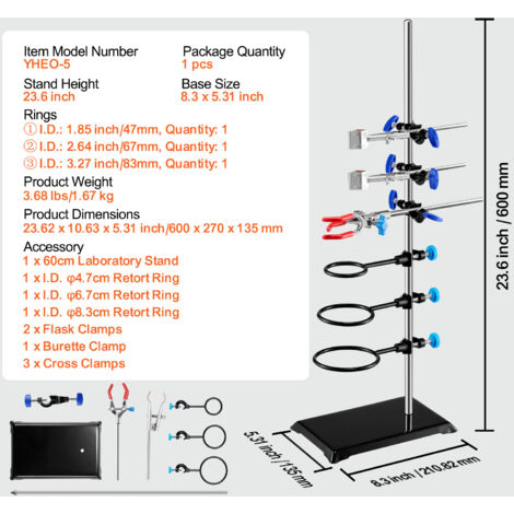1-teiliges Stänr-Stützset in Laborqualität, Laborstänr und Klemme mit 2 Retortenringen, Kolbenklemme, Bürettenklemme, 40,6 cm Stange, 8,3 x 5,4 Zoll Basis 1-teiliges Stänr-Stützset in Laborqualität, Laborstänr und Klemme mit 2 Retortenringen, Kolbenklemme, Bürettenklemme, 40,6 cm Stange, 8,3 x 5,4 Zoll Basis