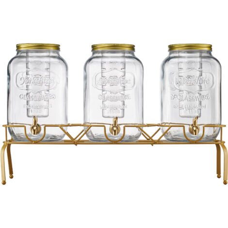 Mophorn Getränkespender (3 x 8 L) aus Glas mit tropfsicherem Zapfhahn und Metallständer – ideal für Partys, Restaurants und selbstgemachte Getränke wie Limonade oder Eistee