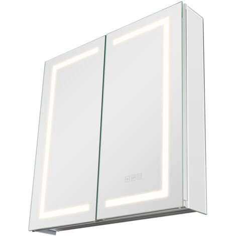 Mophorn Beleuchteter Medizinschrank mit Spiegel (65 x 65 cm), geeignet für Einbau- oder Wandmontage, LED-Badezimmerschrank mit dimmbarer 3-Farben-Beleuchtung, HD-Spiegel