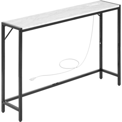 Mophorn Moderner Marmorkonsolentisch mit Steckdose, schlanker Beistelltisch aus Eisenrohren mit Kippschutz und stabiler Dreiecksstütze für Wohnzimmer, Flur und Eingangsbereich (1/5)