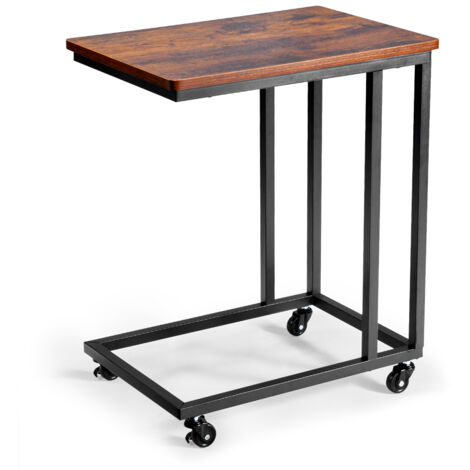Mophorn Rollbarer Beistelltisch mit Metallrahmen, C-förmiger Couchtisch für Wohnzimmer, Maße: 500 x 350 x 605 mm, vielseitig als TV-Tablett oder Sofatisch, Farbdesign: Braun und Schwarz (1/5)