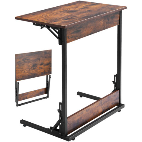 Mophorn Klappbarer Beistelltisch mit stabilem Metallrahmen und höhenverstellbaren Füßen, C-förmiger Couchtisch für Wohnzimmer, 60 x 37 x 70 cm, TV-Tablett, Sofatisch in Braun und Schwarz (1/5)