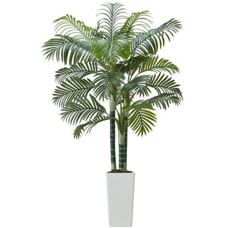 Mophorn Künstliche Areca-Palme, 1,8 m, tropische Kunstpflanze mit weißem, hohem Pflanzgefäß, dekorative Seidenpflanze im Topf, Kunstbaum für Innen- und Außenbereiche wie Veranden, Wohnzimmer (1/5)