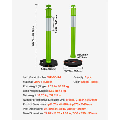 VEVOR Verkehrsleitpfosten 114 Cm – 3 Stück Mit Beschwertem Gummisockel, 360° Reflektorstreifen, Für Baustellen, Parkplätze & Menschenmengen